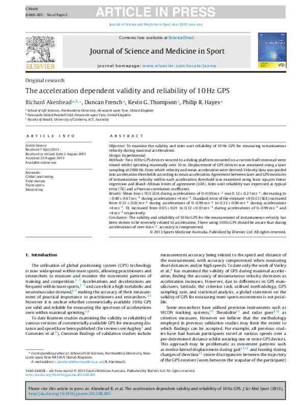 (PDF) The acceleration dependent validity and reliability of 10Hz GPS