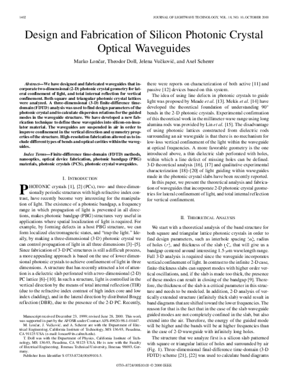 (PDF) Design and fabrication of silicon photonic crystal optical waveguides