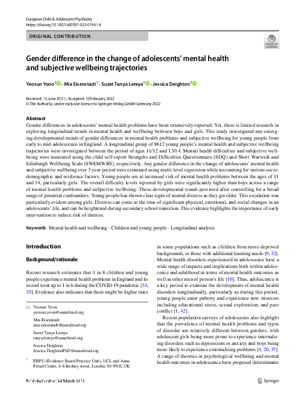 (PDF) Gender difference in the change of adolescents’ mental health and ...