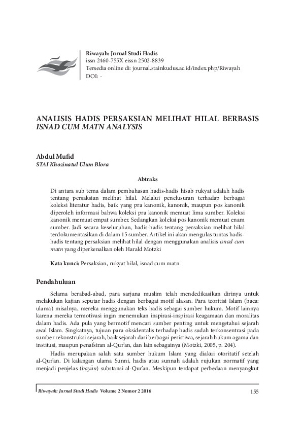 (PDF) Analisis Hadis Persaksian Melihat Hilal Berbasis Isnad Cum Matn ...
