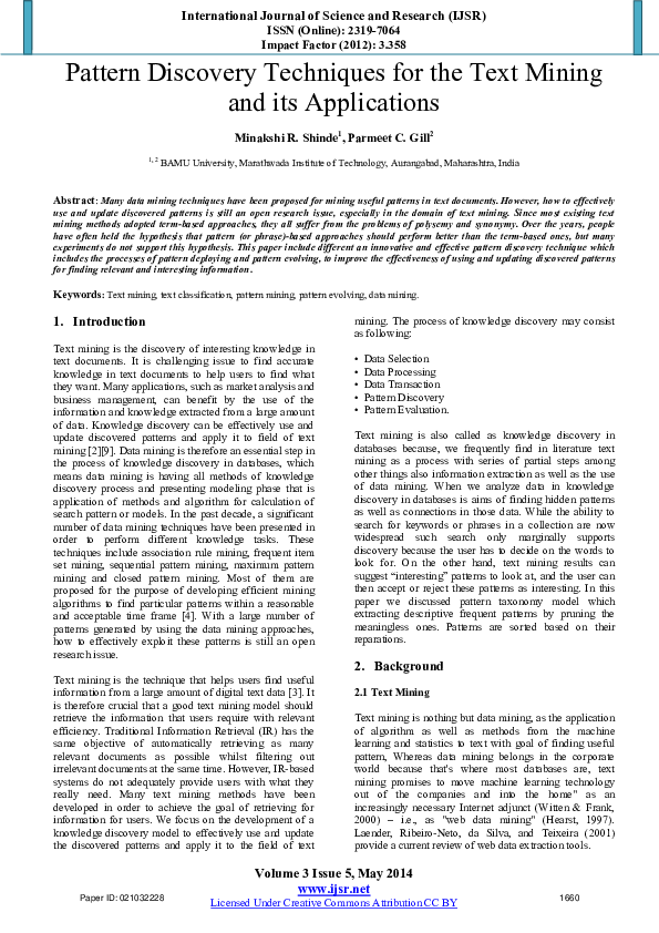 (PDF) Pattern Discovery Techniques for the Text Mining and its Applications