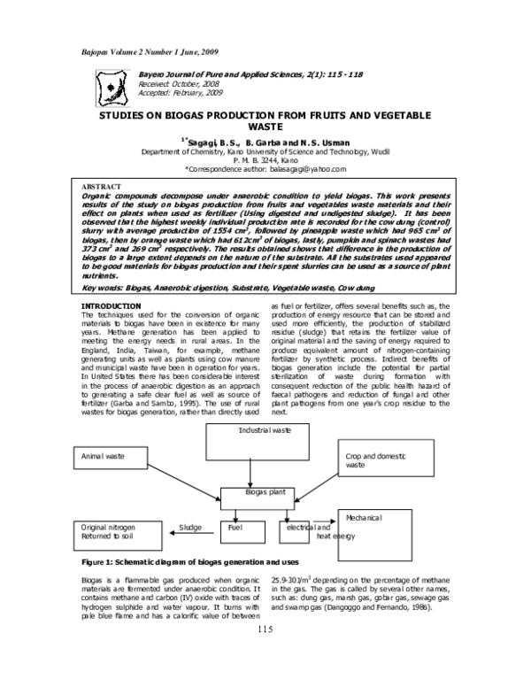(PDF) Studies on biogas production from fruits and vegetable waste