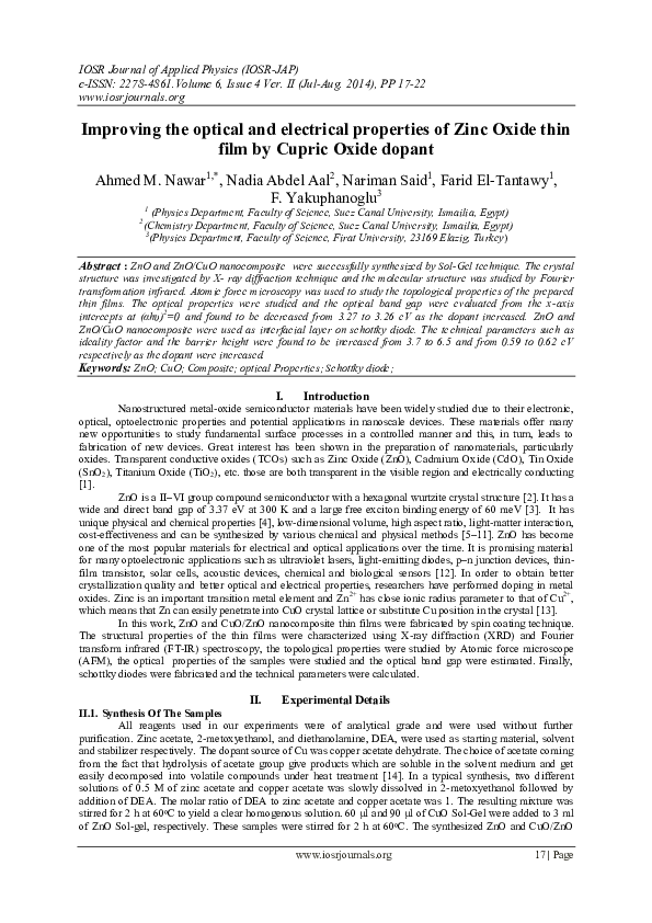 (PDF) Improving the optical and electrical properties of Zinc Oxide ...