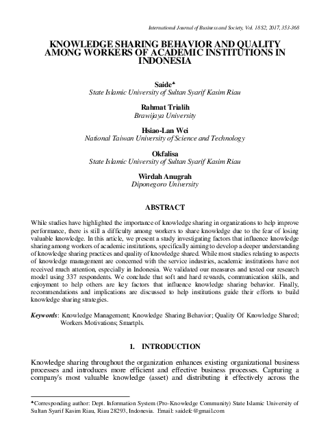 (PDF) Knowledge Sharing Behavior and Quality among Workers of Academic ...