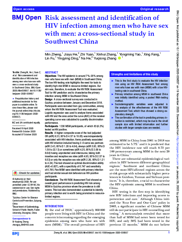 (PDF) Risk assessment and identification of HIV infection among men who ...
