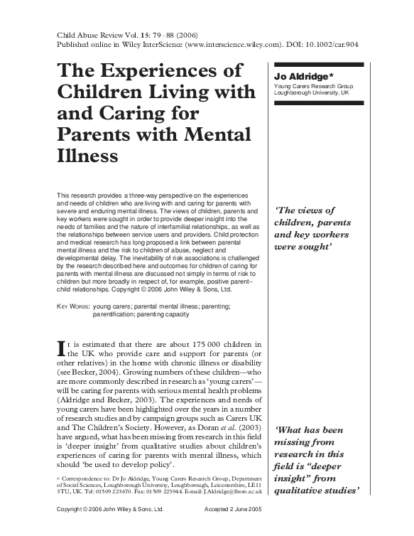 (PDF) The experiences of children living with and caring for parents ...