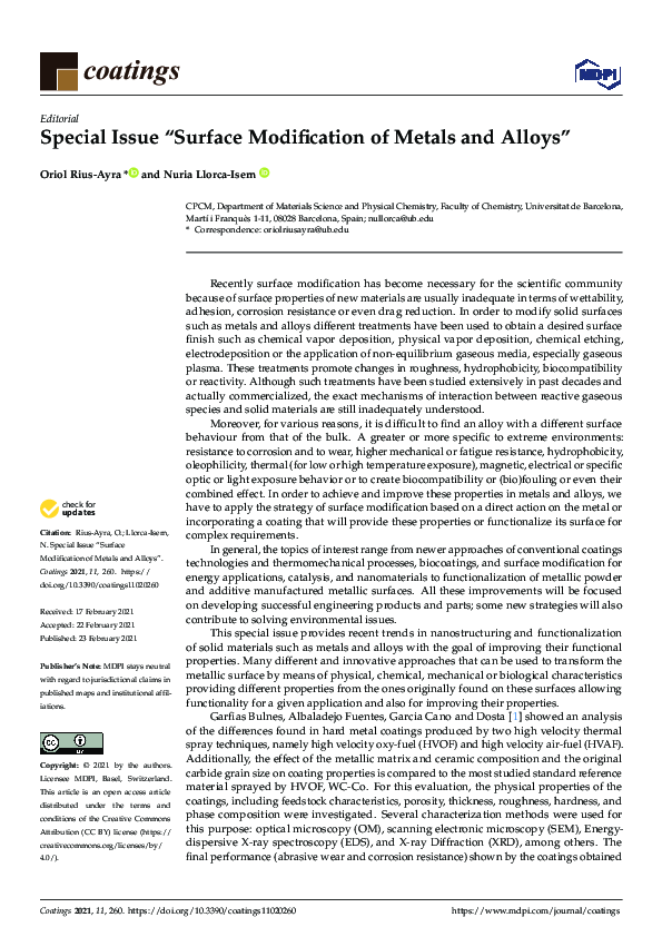 (PDF) Special Issue “Surface Modification of Metals and Alloys”