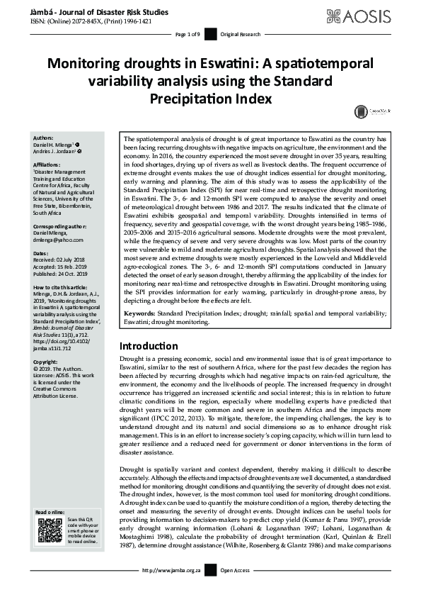 (PDF) Monitoring droughts in Eswatini: A spatiotemporal variability ...