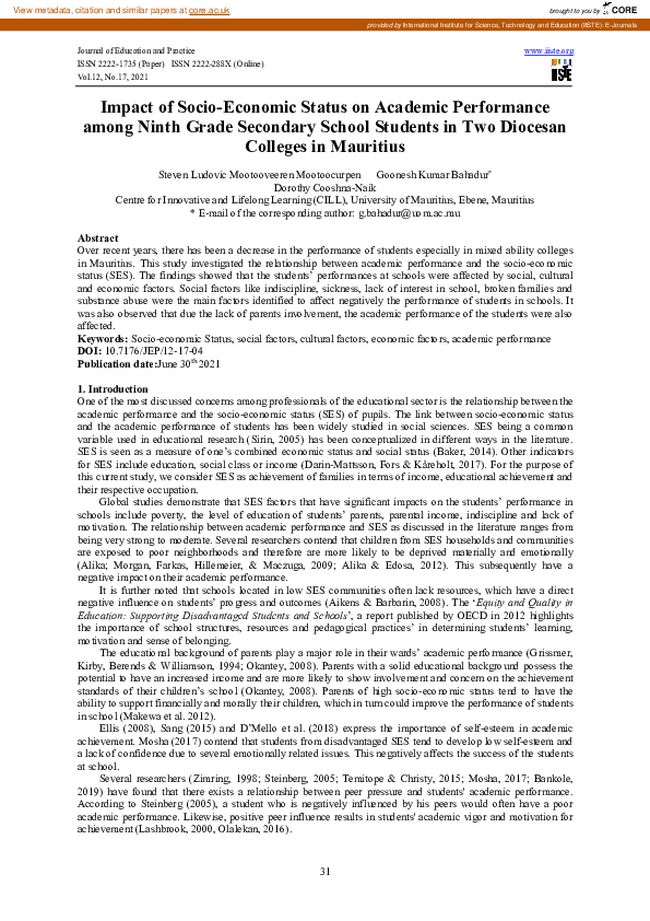 (PDF) Impact of Socio-Economic Status on Academic Performance among ...