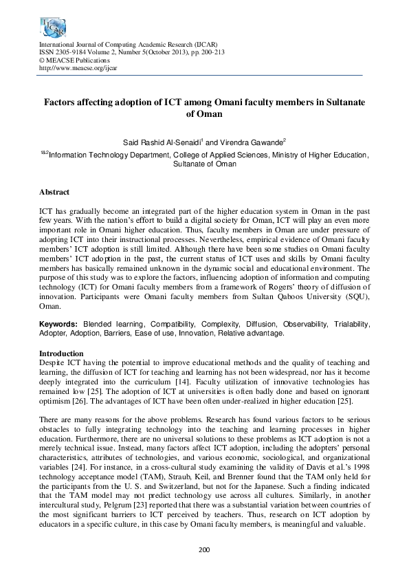 (PDF) Factors affecting adoption of ICT among Omani faculty members in ...