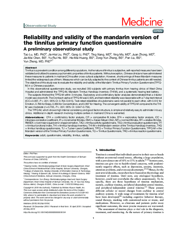 (PDF) Reliability and validity of the mandarin version of the tinnitus ...