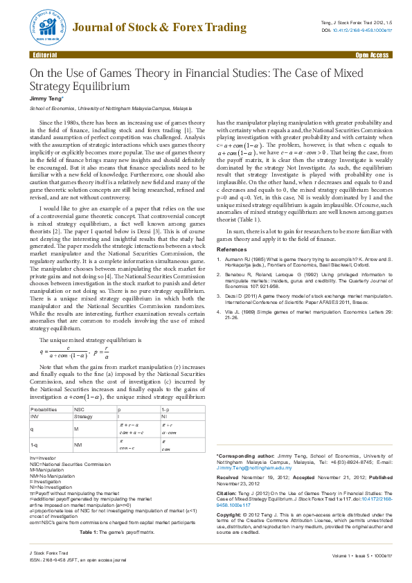  PDF On The Use Of Games Theory In Financial Studies The Case Of 