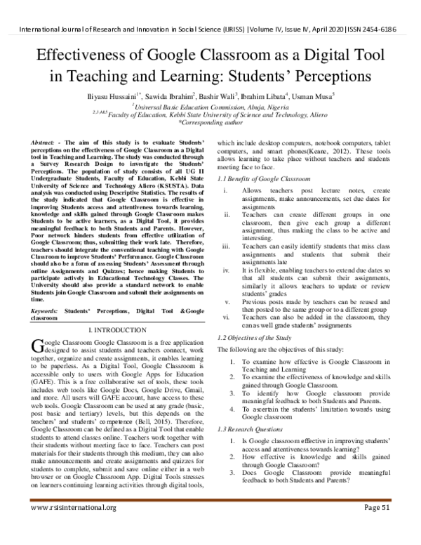(PDF) Effectiveness of Google Classroom as a Digital Tool in Teaching and Learning Students