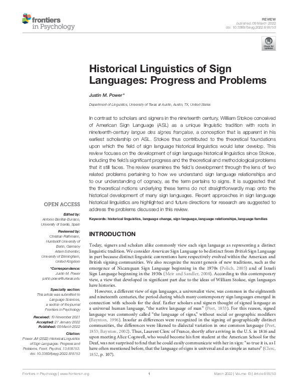 (PDF) Historical Linguistics of Sign Languages Progress and Problems