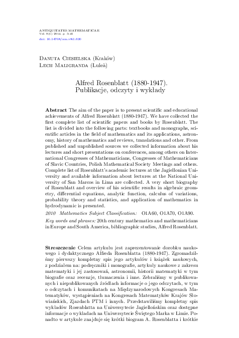 (PDF) Alfred Rosenblatt (1880-1947). Publikacje, odczyty i wyklady ...