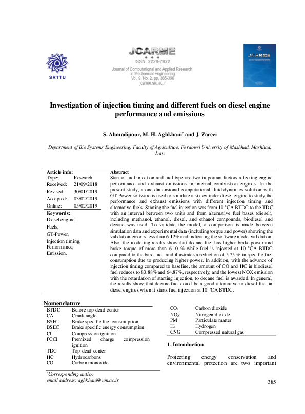 (PDF) Investigation of injection timing and different fuels on the ...