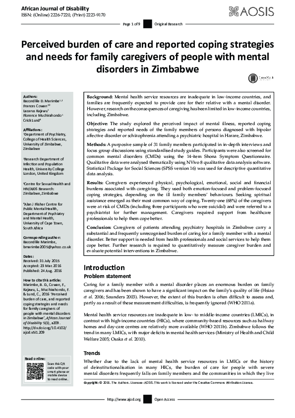 (PDF) Perceived burden of care and reported coping strategies and needs ...