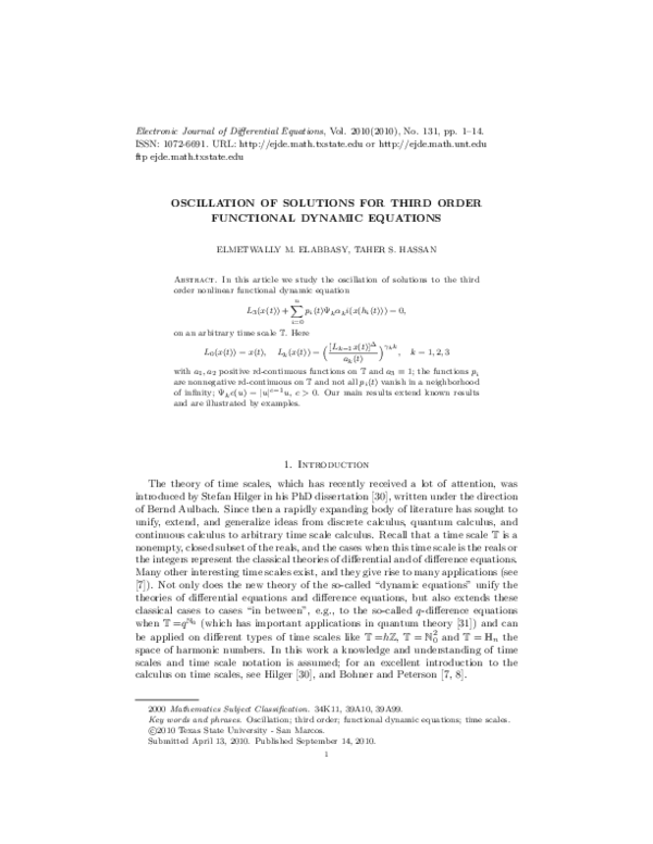 (PDF) Oscillation of Solutions for Third Order Functional Dynamic Equations
