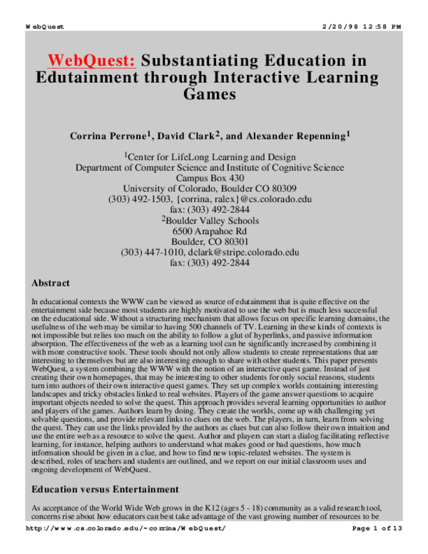 (PDF) WebQuest: Substantiating education in edutainment through ...