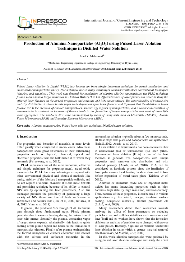 (PDF) Production of Alumina Nanoparticles (Al2O3) using Pulsed Laser ...