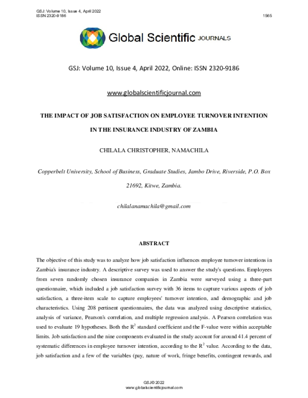 (PDF) THE IMPACT OF JOB SATISFACTION ON EMPLOYEE TURNOVER INTENTION IN ...