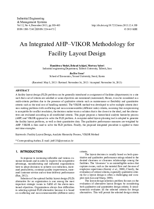 (PDF) An Integrated AHP-VIKOR Methodology for Facility Layout Design