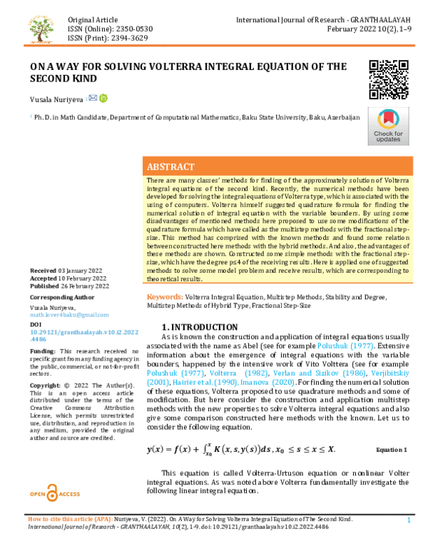 (PDF) ON A WAY FOR SOLVING VOLTERRA INTEGRAL EQUATION OF THE SECOND KIND