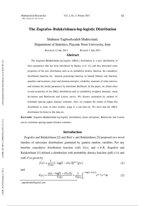  pdf the zografos balakrishnan log logistic distribution