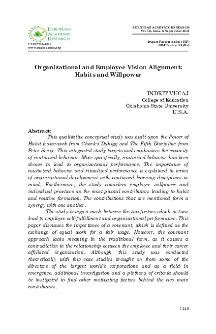 (PDF) Organizational and Employee Vision Alignment : Habits and Willpower