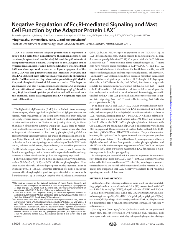 (PDF) Negative Regulation of Fc RI-mediated Signaling and Mast Cell ...