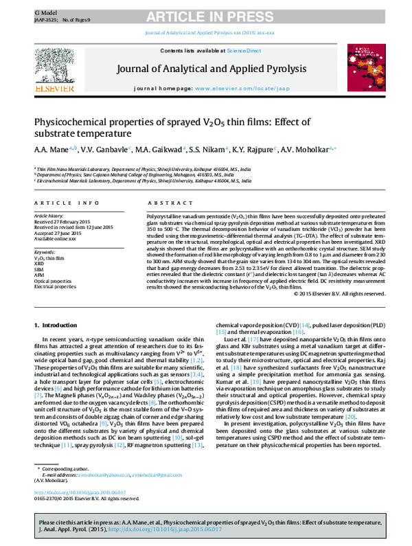 (PDF) Physicochemical properties of sprayed V2O5 thin films: Effect of ...