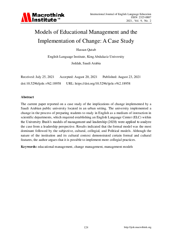 (PDF) Models of Educational Management and the Implementation of Change ...
