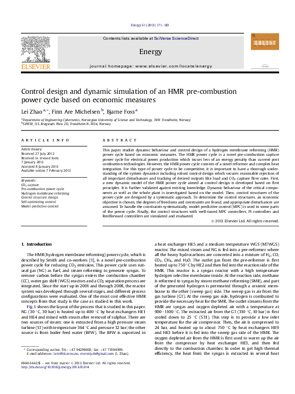(PDF) Control design and dynamic simulation of an HMR pre-combustion ...
