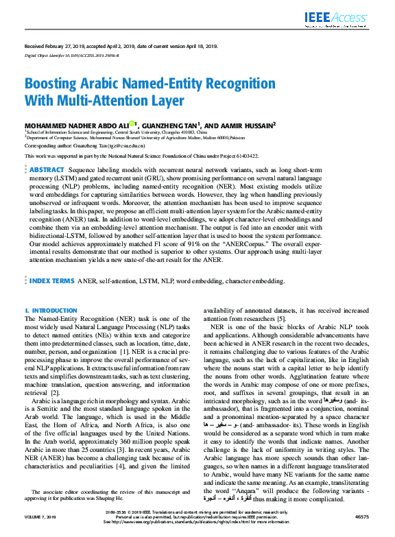 (PDF) Boosting Arabic Named-Entity Recognition With Multi-Attention Layer