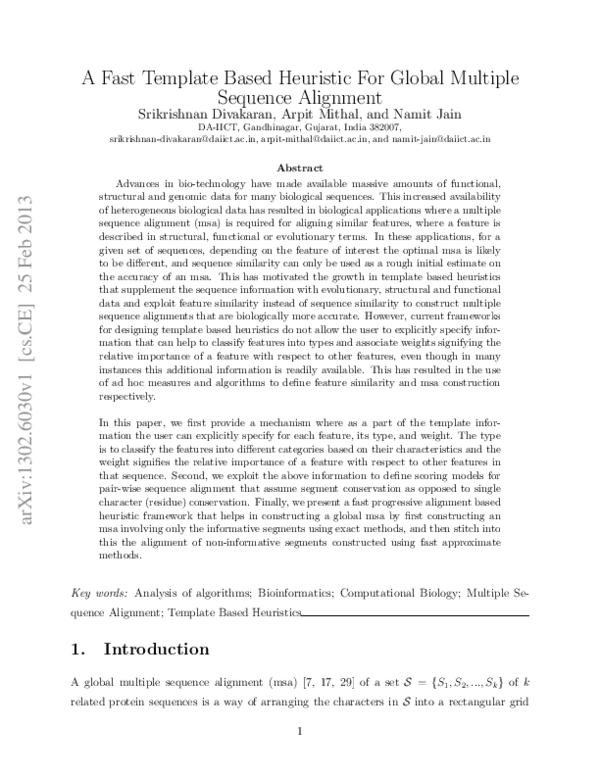 (PDF) A Fast Template Based Heuristic For Global Multiple Sequence ...
