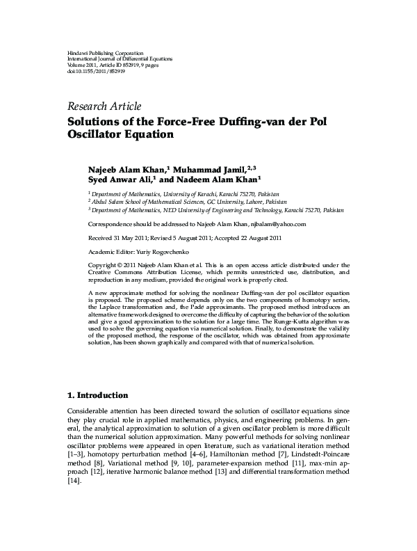 (PDF) Solutions of the Force-Free Duffing-van der Pol Oscillator Equation