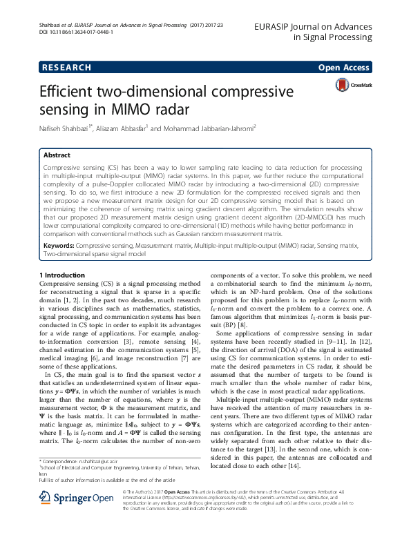 (PDF) Efficient two-dimensional compressive sensing in MIMO radar