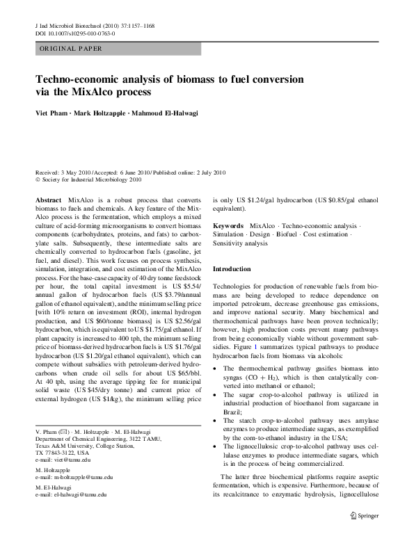 (PDF) Techno-economic analysis of biomass to fuel conversion via the ...