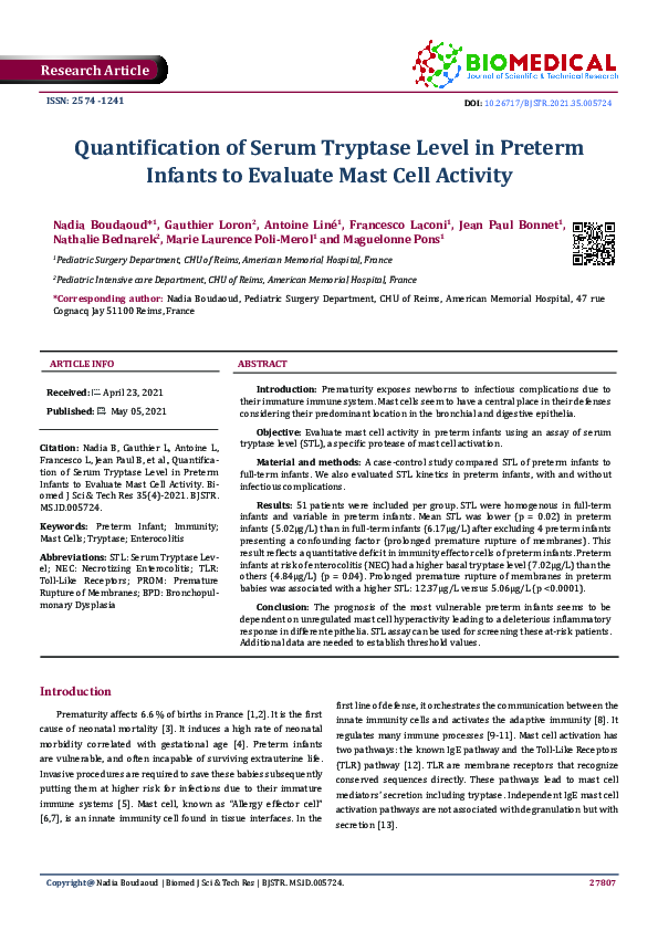 (PDF) Quantification of Serum Tryptase Level in Preterm Infants to ...
