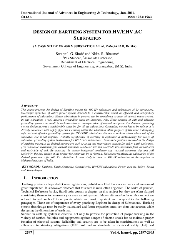 (PDF) DESIGN OF EARTHING SYSTEM FOR HV/EHV AC SUBSTATION (A CASE STUDY ...