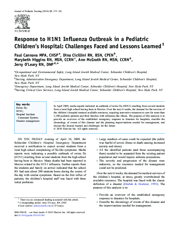 (PDF) Response to H1N1 Influenza Outbreak in a Pediatric Children's ...