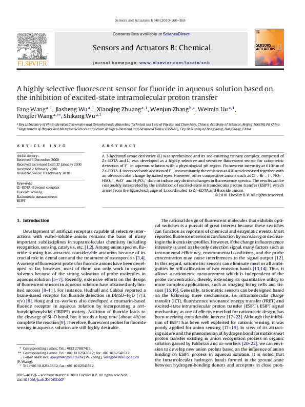 (PDF) A highly selective fluorescent sensor for fluoride in aqueous ...