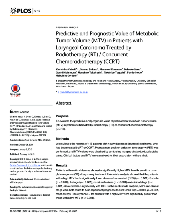 (PDF) Predictive and Prognostic Value of Metabolic Tumor Volume (MTV ...