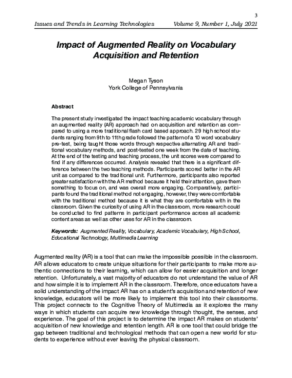 (PDF) Impact of Augmented Reality on Vocabulary Acquisition and Retention