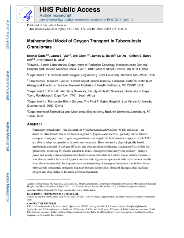 (PDF) Mathematical Model of Oxygen Transport in Tuberculosis Granulomas