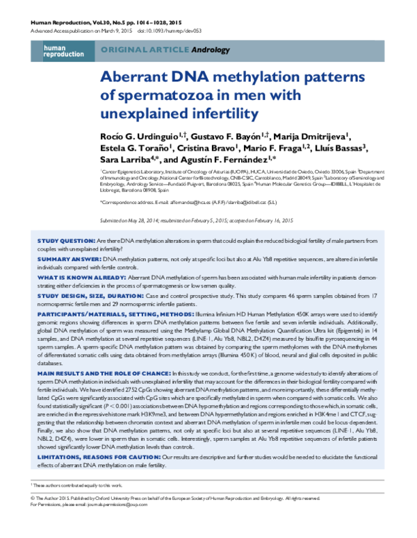 (PDF) Aberrant DNA methylation patterns of spermatozoa in men with ...