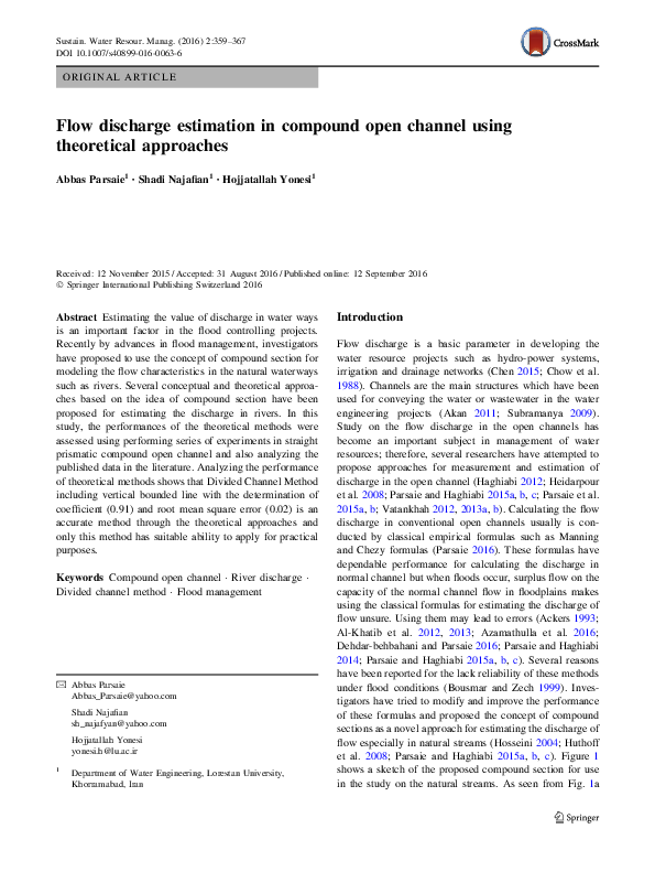 (PDF) Flow discharge estimation in compound open channel using ...