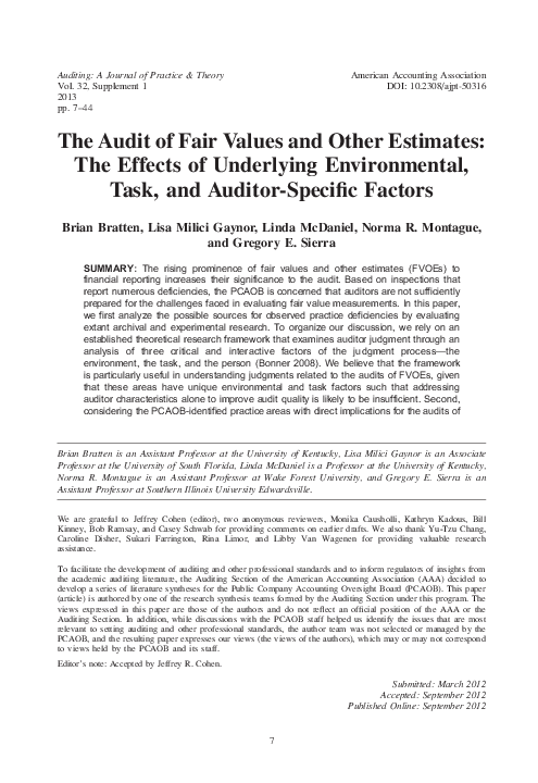 (PDF) The Audit of Fair Values and Other Estimates: The Effects of ...