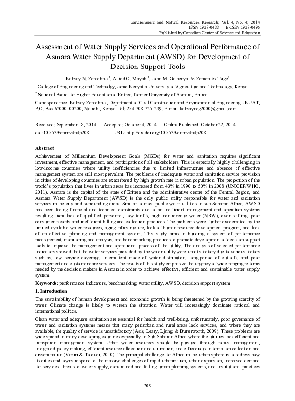 (PDF) Assessment of Water Supply Services and Operational Performance ...