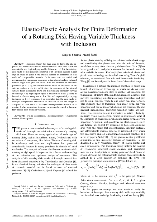 (PDF) Elastic-Plastic Analysis For Finite Deformation Of A Rotating ...